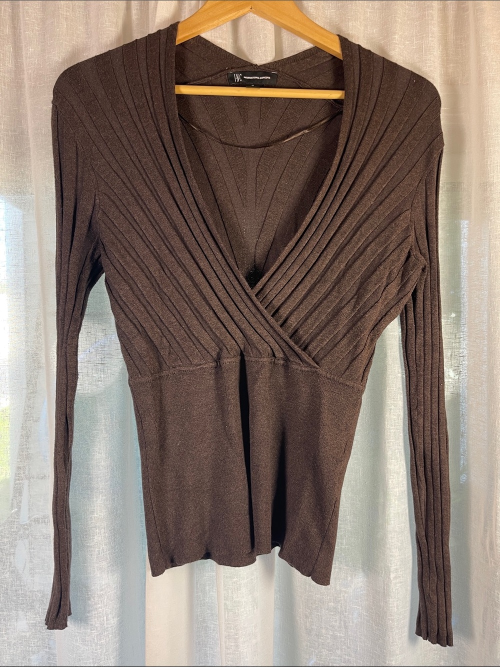 INC International Concepts Dark Brown Ribbed Wrap V-Neck Sweater